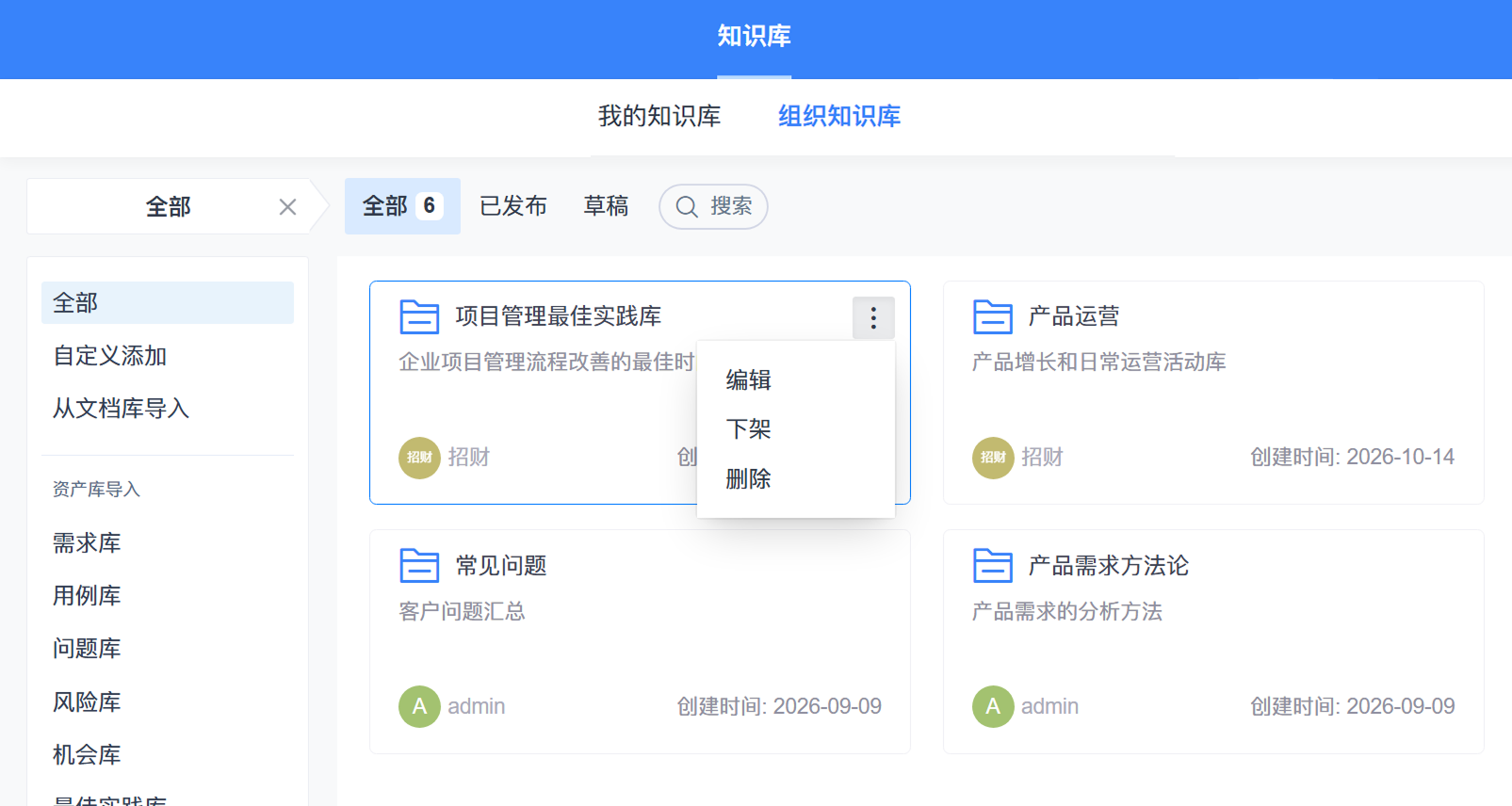 禅道[组织知识库]列表实机截图（知识库的维护入口）：顶部为蓝色标题条，居中为[知识库]；其下页签为[我的知识库]与[组织知识库]（后者选中）；筛选为[全部 6][已发布][草稿]与搜索框；左栏为全部（选中）、自定义添加、从文档库导入，以及[资产库导入]下的需求库、用例库、问题库、风险库、机会库等；列表为卡片式知识库条目——[项目管理最佳实践库]（企业项目管理流程改善的最佳时间案例，其[⋮]菜单展开为[编辑 / 下架 / 删除]）、[产品运营]（产品增长和日常运营活动库）、[常见问题]（客户问题汇总）、[产品需求方法论]（产品需求的分析方法），各卡片显示维护人（招财 / admin）与创建时间；底部分页为[共 6 项 每页 20 项 1/1]。