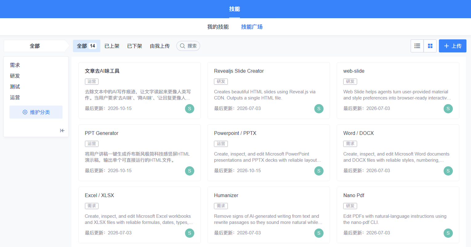 禅道AI技能：技能广场