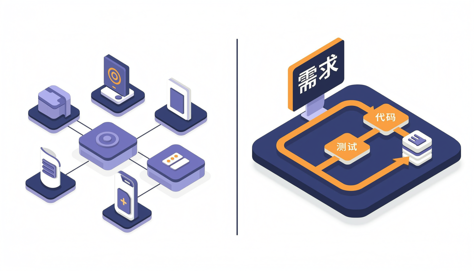 工具链彼此割裂与一体化研发平台打通的对比示意图