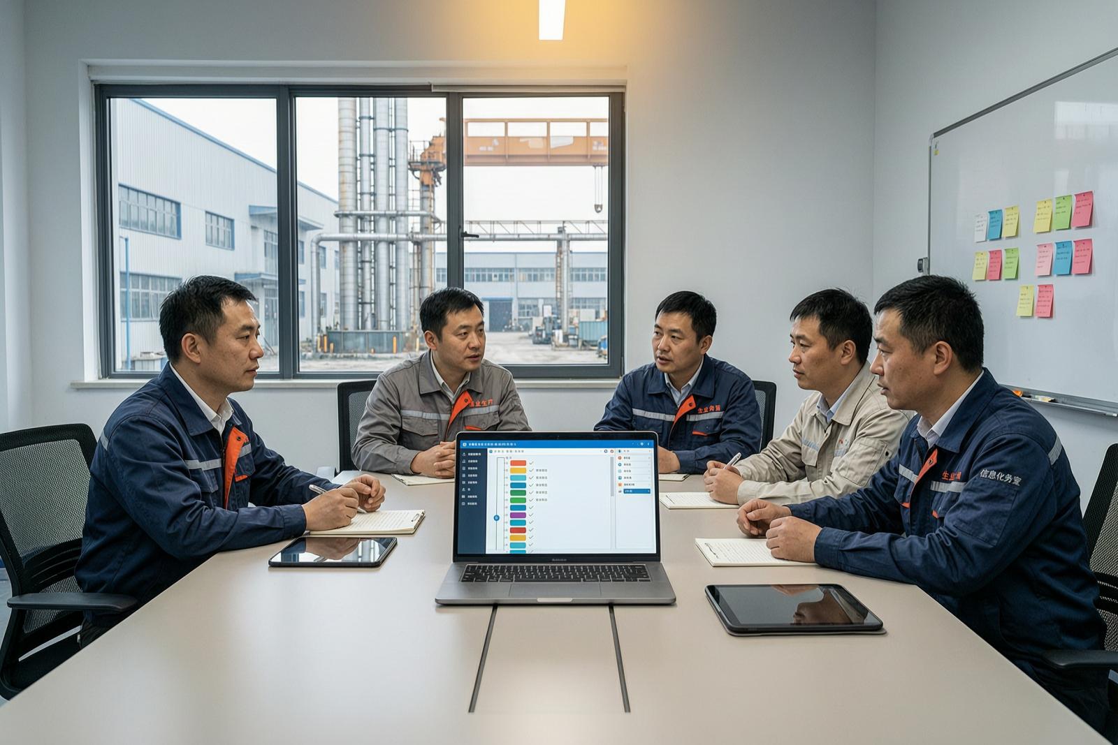 制造企业会议室里，信息化负责人与生产、班组长围坐，笔记本和平板显示内网通讯系统的组织与权限设置