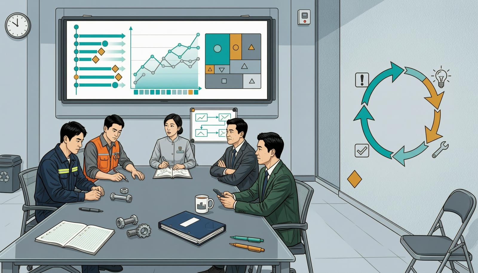 制造企业跨部门复盘会议，围绕异常时间线、趋势图和改进任务形成闭环