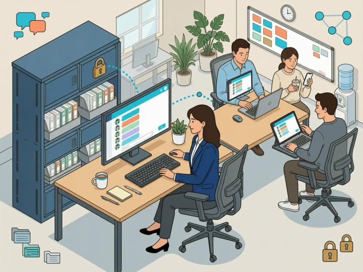 HR 通过内部沟通工具发布通知、员工多端接收并归档沟通记录的场景