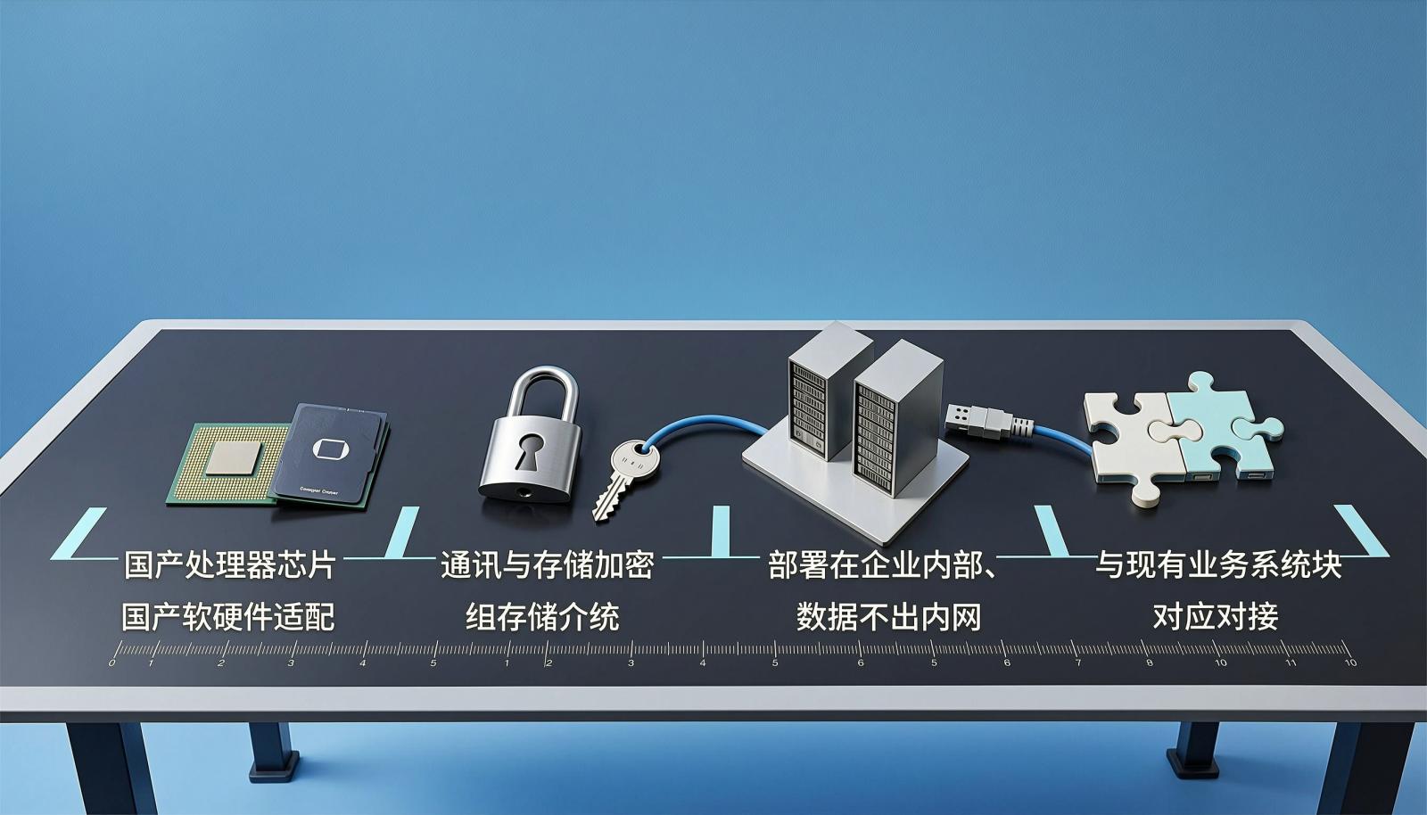 工作台上并列摆放芯片、挂锁、机房模型与接口模块，象征四项选型核验维度