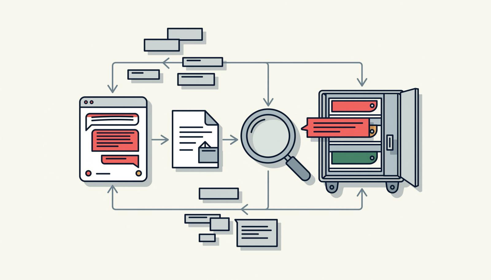 聊天结论进入文件归档与检索流程，形成组织记忆
