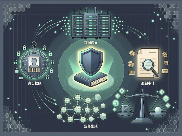 数据边界、身份权限、追溯审计、业务集成四类控制点与成本权衡