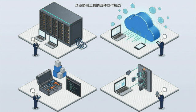 四宫格等距插画，分别表现私有化企业IM、公有云SaaS协同平台、开源自托管方案与IM通信能力平台四种交付形态